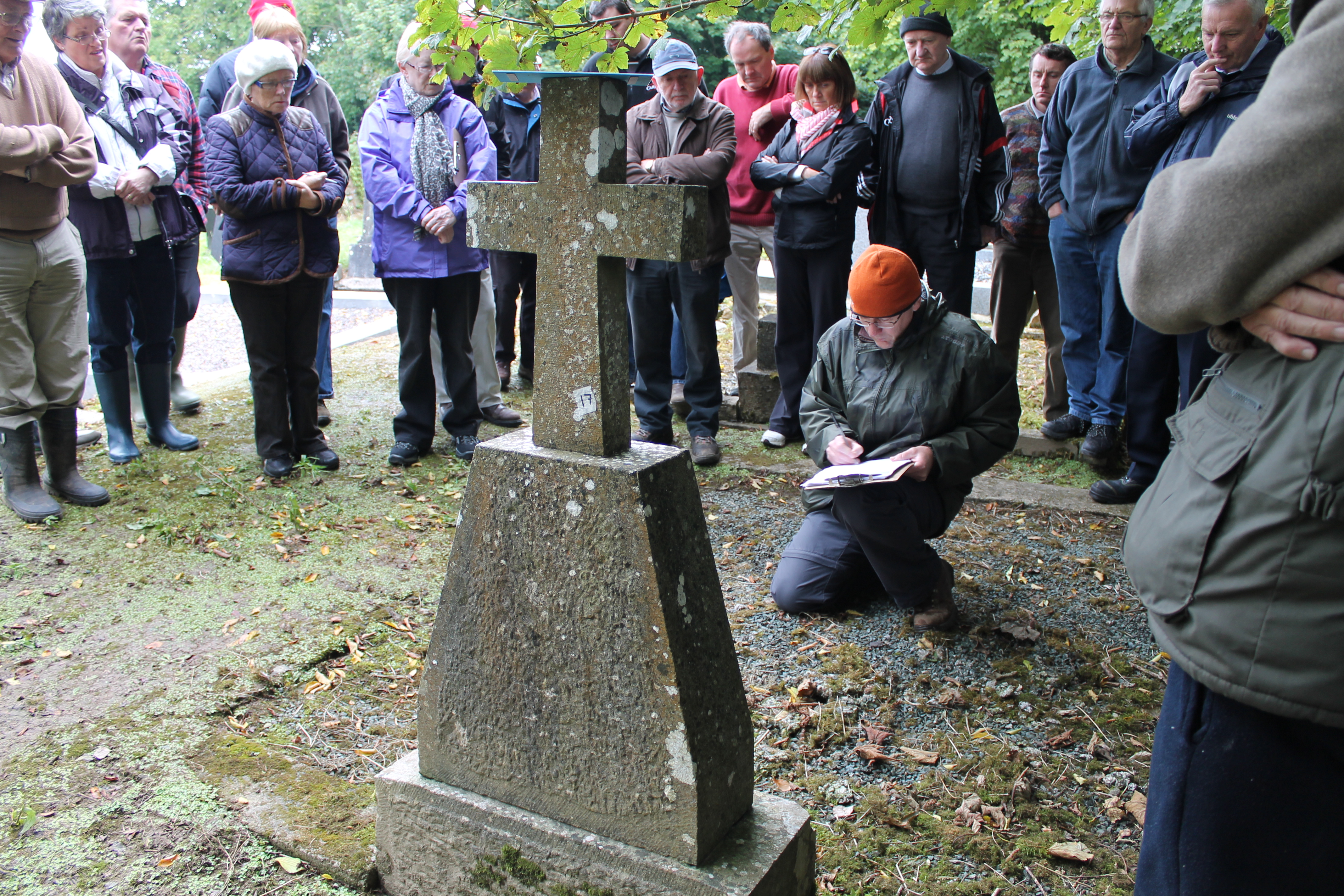John Tierney of Eachtra Archaeological Projects demonstrating to interested communities how to care, record and survey Duhallow's Historic Graves